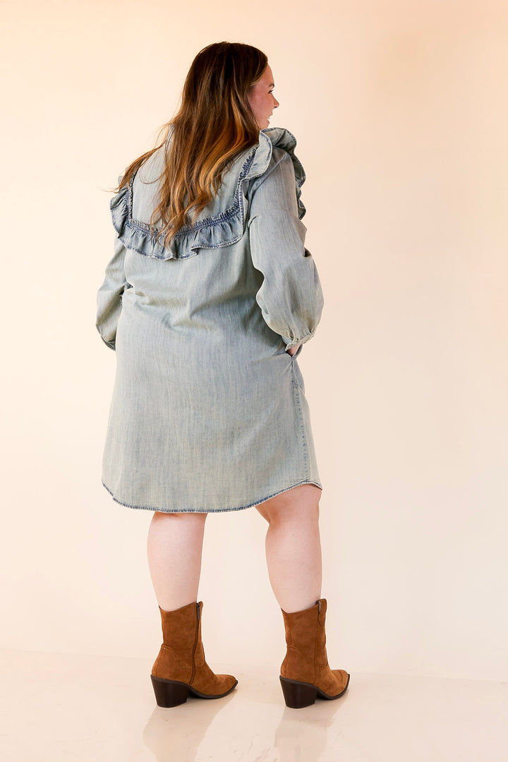 Blue Jean Beauty Denim Dress with Pockets and Ruffle Trim in Medium Wash