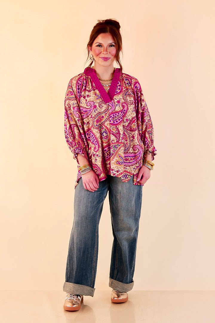 Caught My Eye Ruffle Contrast Stripe Detail Neck Balloon Sleeve Paisley Print Blouse in Fuchsia Pink Multi
