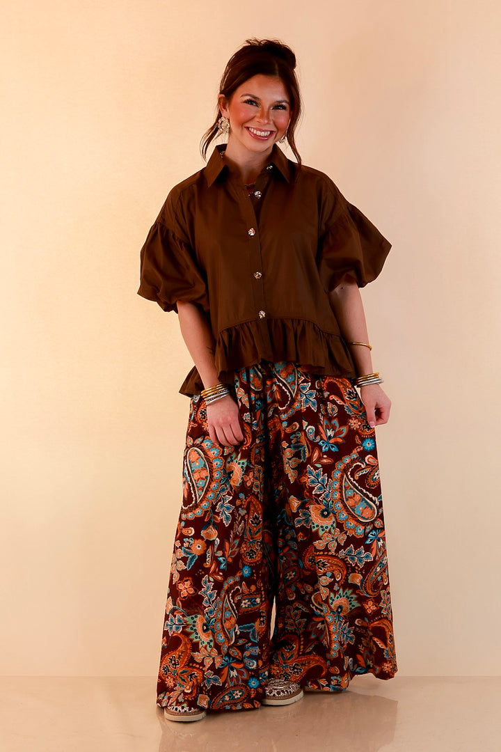 Style in Session Solid Button Down Peplum Bubble Sleeve Top in Chocolate Brown
