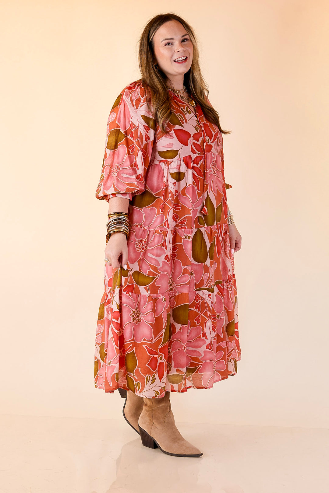 Budding Beauty Floral Print Midi Dress in Pink and Olive Green Mix