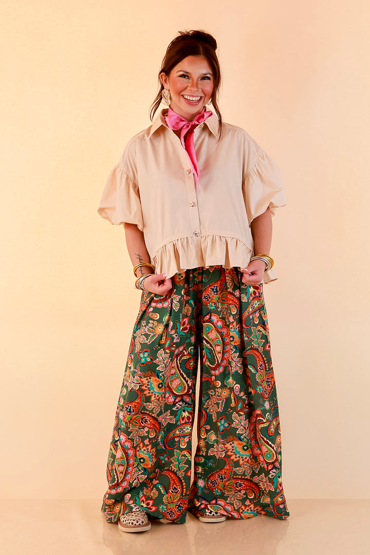 Free to Be Paisley Print Wide Leg Elastic Waist Pants in Olive Green