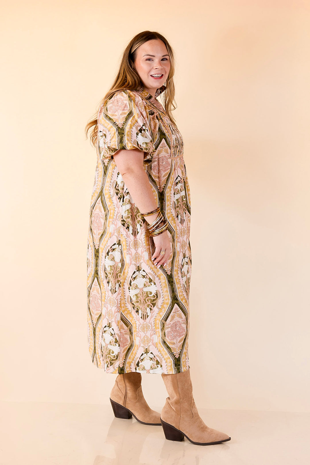 Whimsical Wonder Floral Abstract Print Collared Midi Dress in Pink and Olive Green Mix