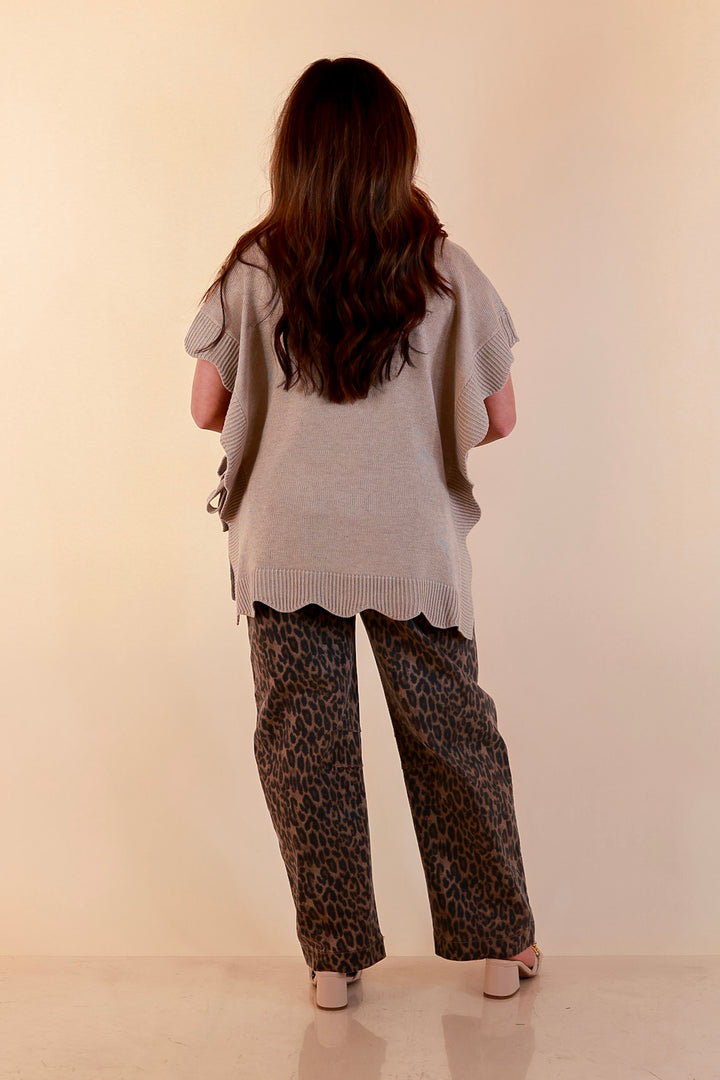 Mud Pie | Sweet Simplicity Scalloped Edge Side Tie Knit One Sized Poncho Sweater in Tan