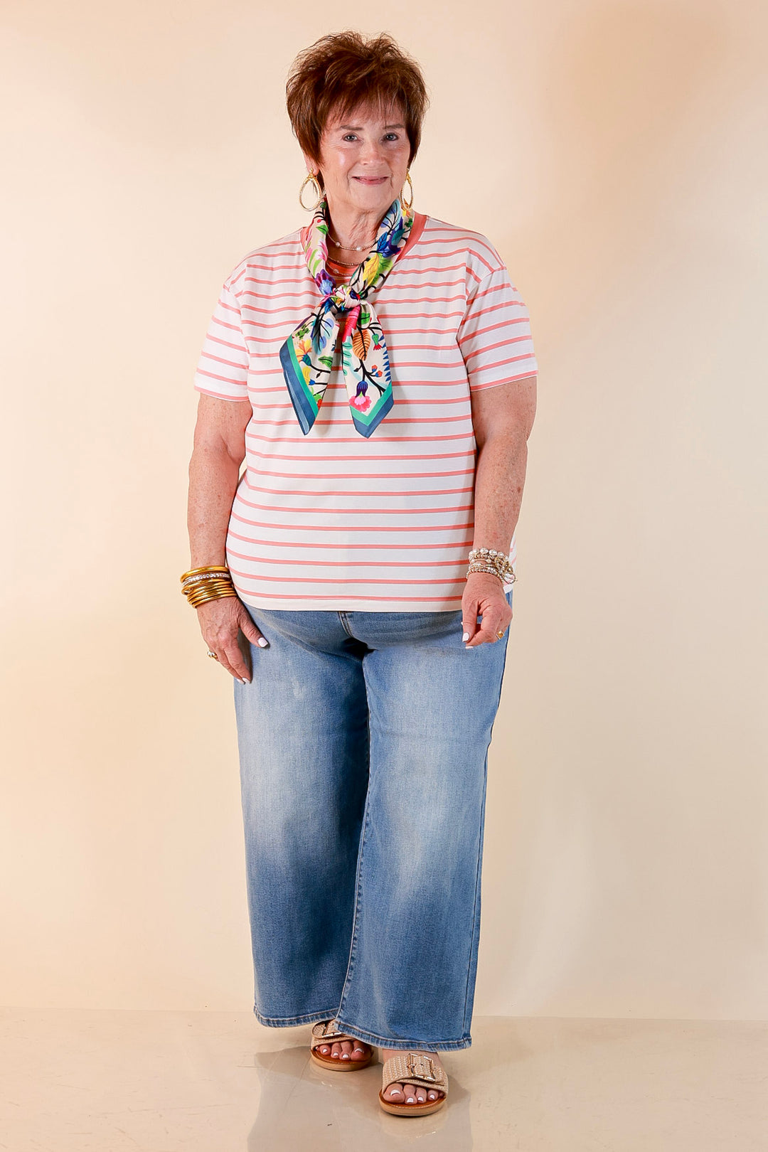 The Daily Stripe Scoop Neck Short Sleeve Striped Tee Top in Coral Orange
