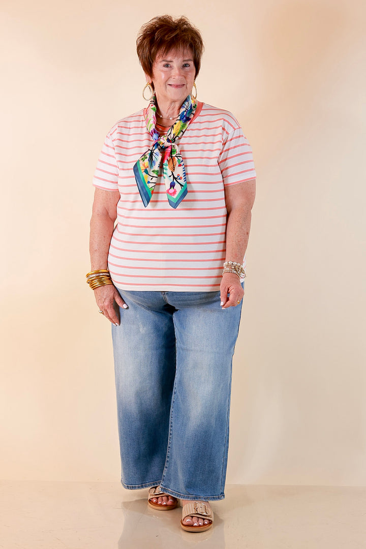 The Daily Stripe Scoop Neck Short Sleeve Striped Tee Top in Coral Orange