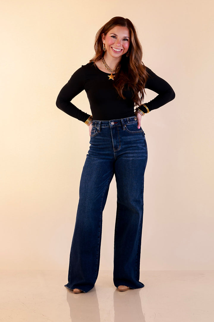 Judy Blue | Core Confidence Retro Wide Leg with Raw Hem and Adjustable Waist in Dark Wash