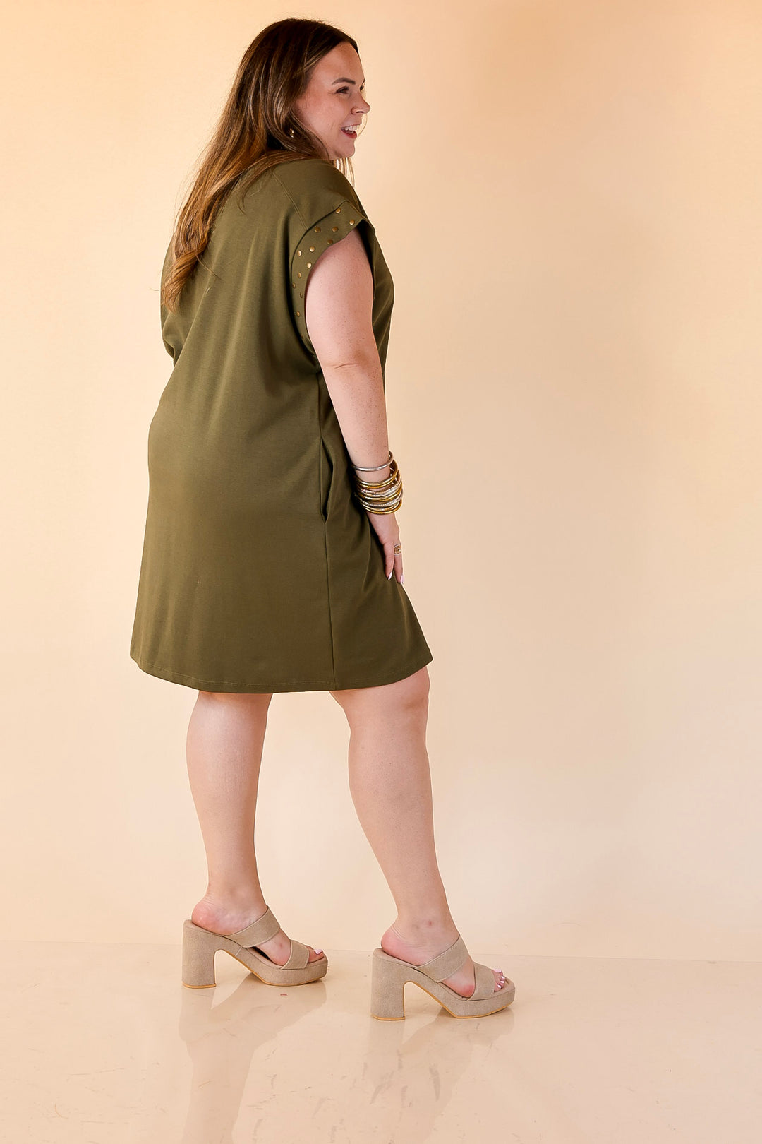 Graceful Glimpse Dress with Gold Stud Detail in Olive Green