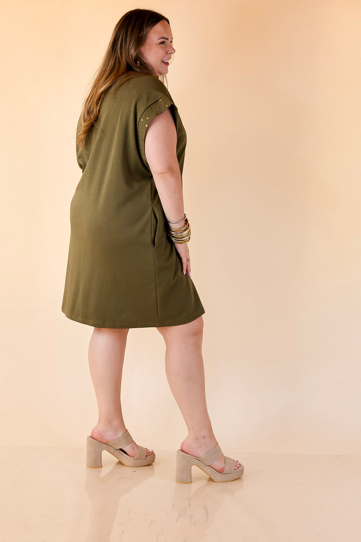 Graceful Glimpse Dress with Gold Stud Detail in Olive Green