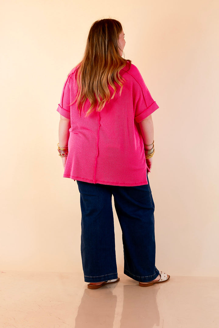 Daily Perfection V Neck Short Sleeve Ribbed Top in Hot Pink