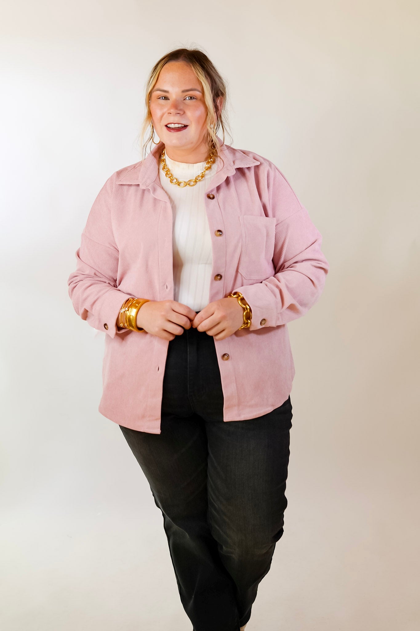 Captivating Cuteness Corduroy Button Up Shacket in Light Pink - Giddy Up Glamour Boutique