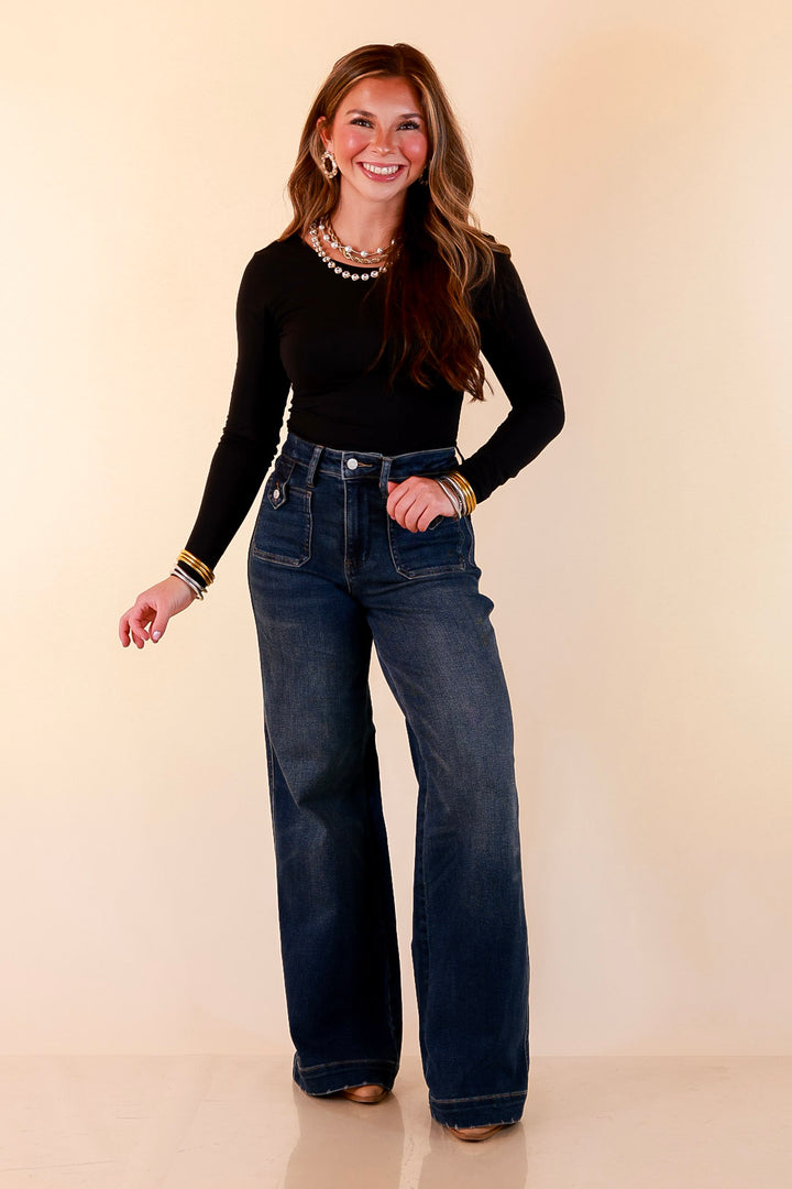 Judy Blue | Classic Companion Luxe Retro Wide Leg Jeans with Front Patch Pockets in Dark Indigo Wash