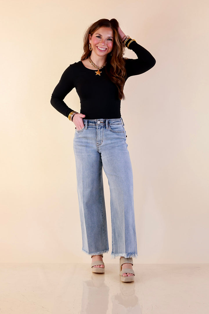 Judy Blue | Lighten the Mood Release Hem Cropped Wide Leg Jeans in Light Wash