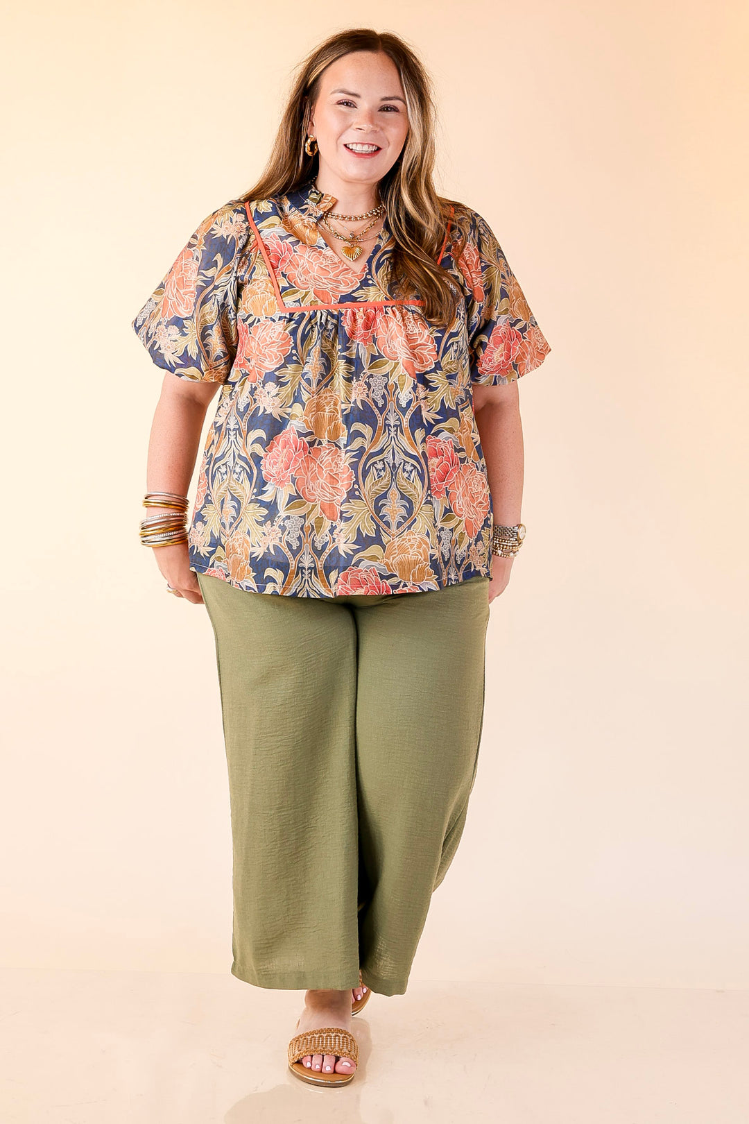 Blooming Days Ahead Floral Print V Neck Blouse with Puff Sleeves and Ruffle Trim Collar in Navy Mix