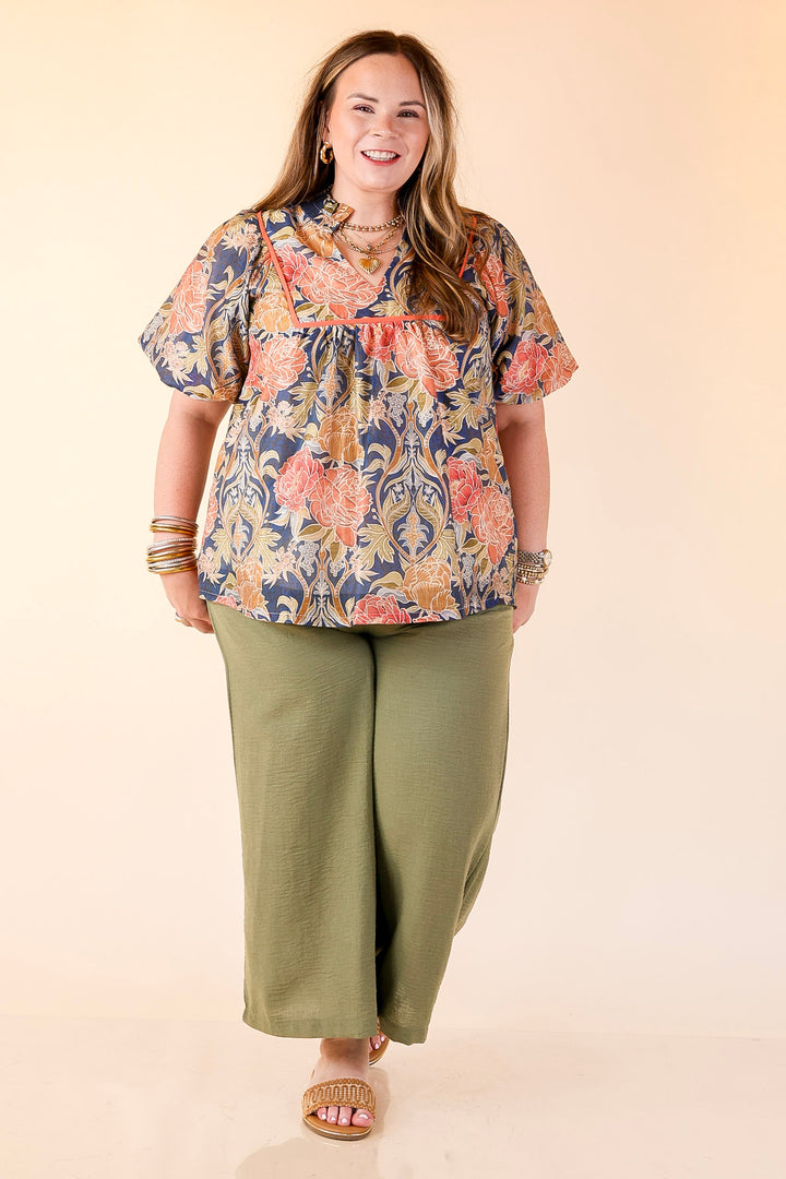 Blooming Days Ahead Floral Print V Neck Blouse with Puff Sleeves and Ruffle Trim Collar in Navy Mix