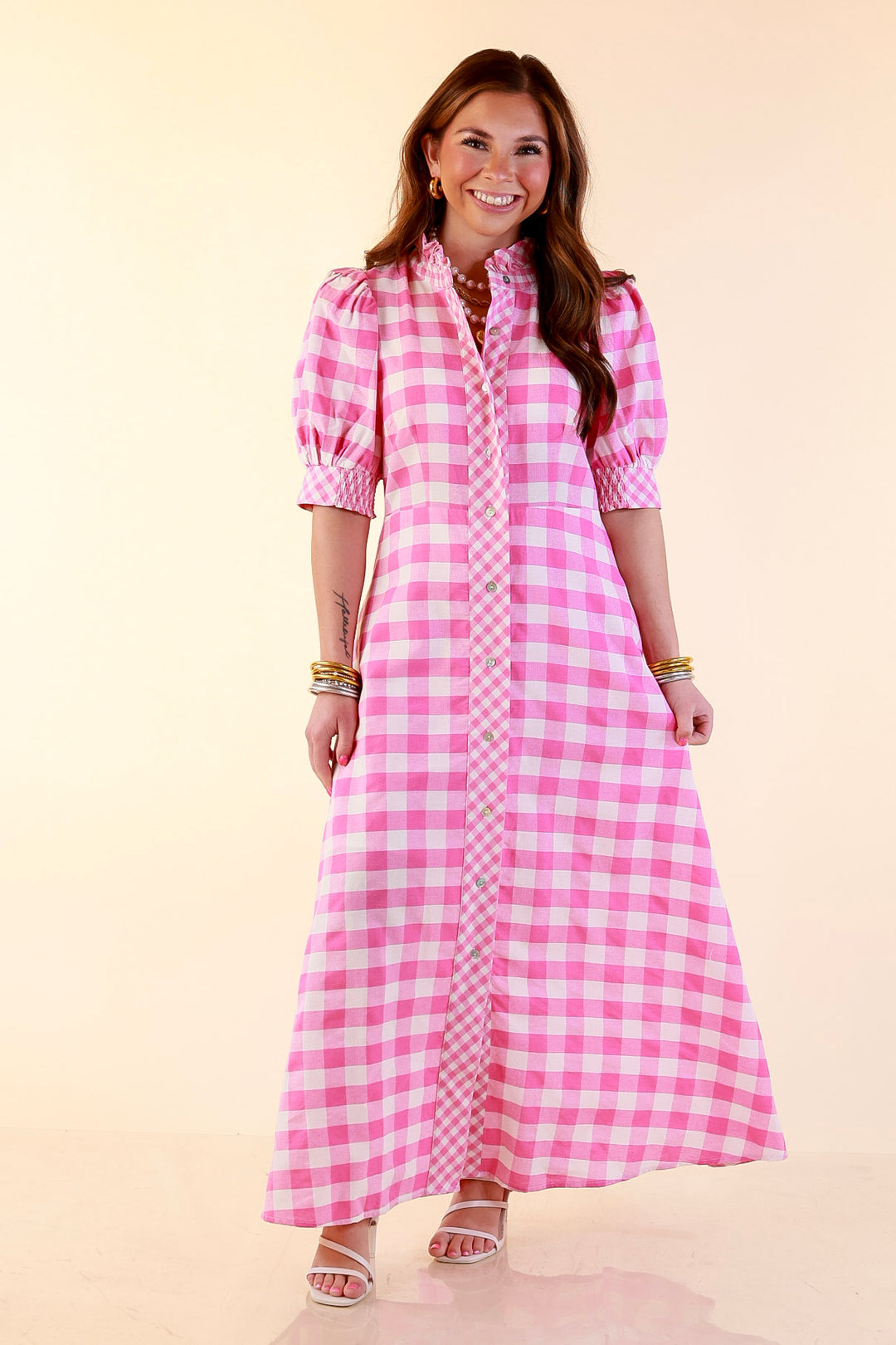 Last Chance Size Medium | Spring Awakening Gingham Print Midi Dress with Puff Sleeves and Checkered Trim in Pink
