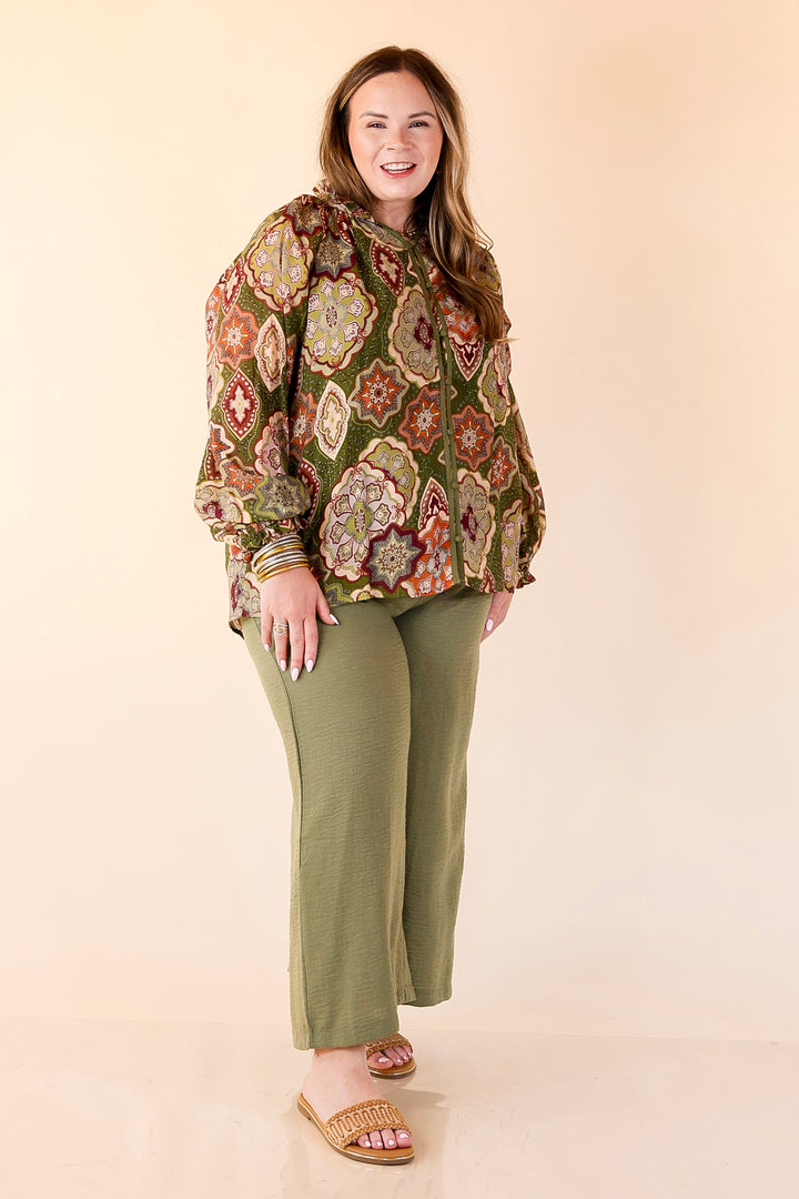 Mosaic Muse Boho Mosaic Print Long Balloon Sleeve Blouse in Olive Green, Maroon and Rust Orange