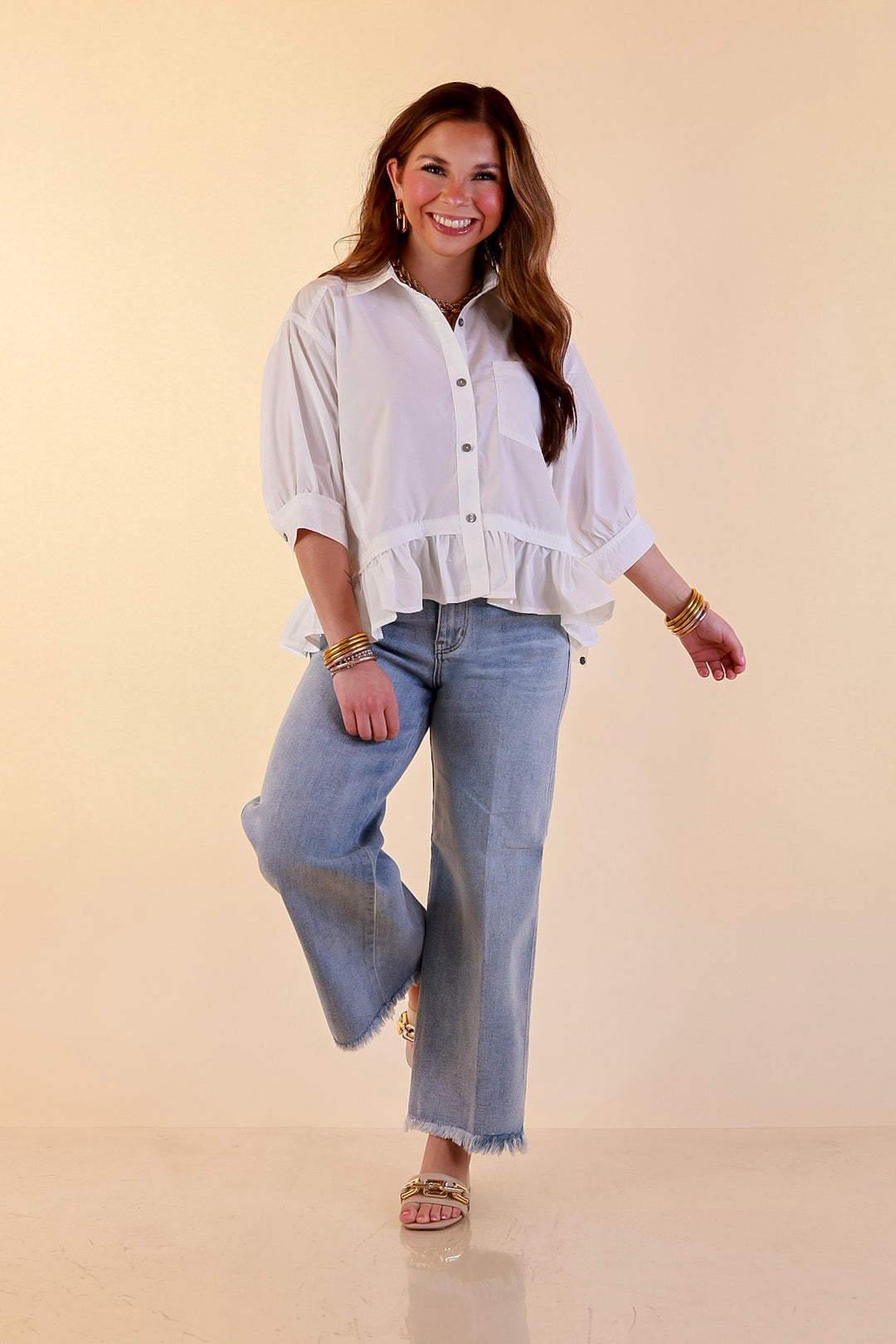 Style Agenda Solid Button Down Peplum Top in White