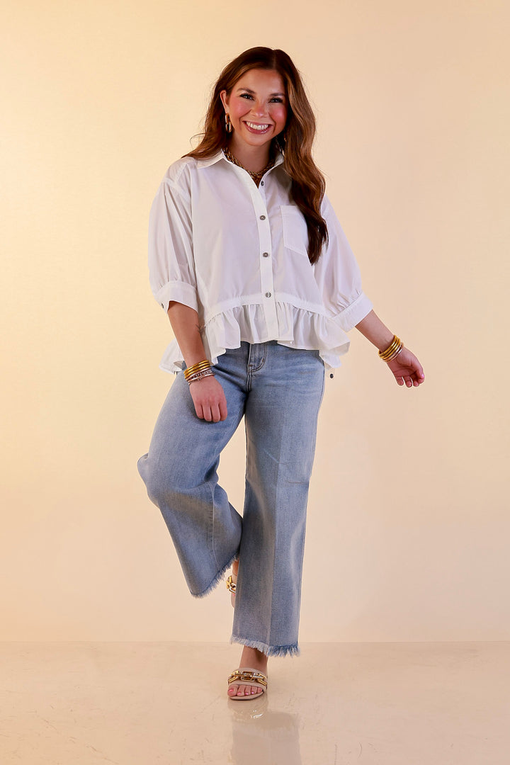 Style Agenda Solid Button Down Peplum Top in White