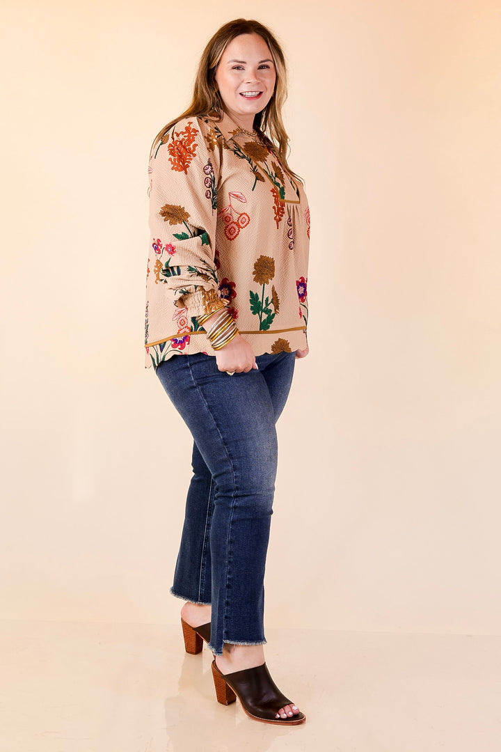 Garden Soirée Floral Print Collared Blouse with Long Balloon Sleeves in Tan