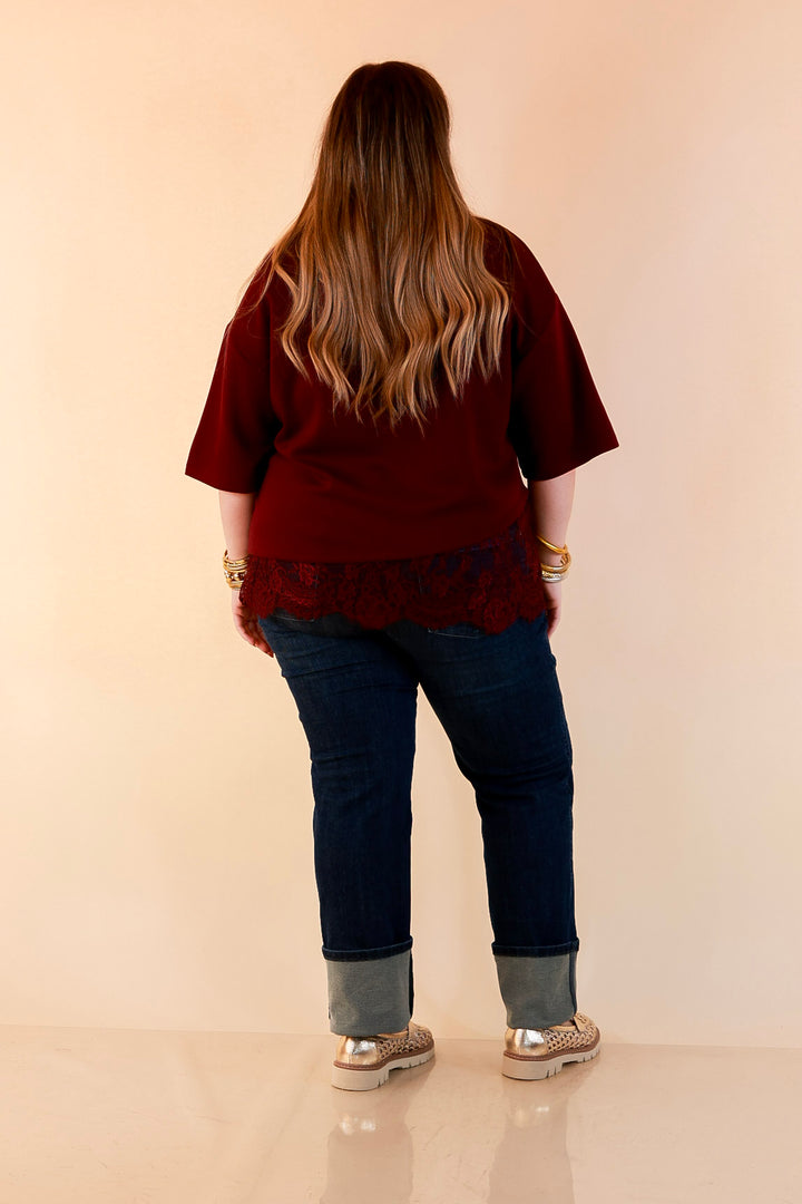 Laced with Charm Oversized Asymmetrical Lace Trim Boxy Top in Maroon