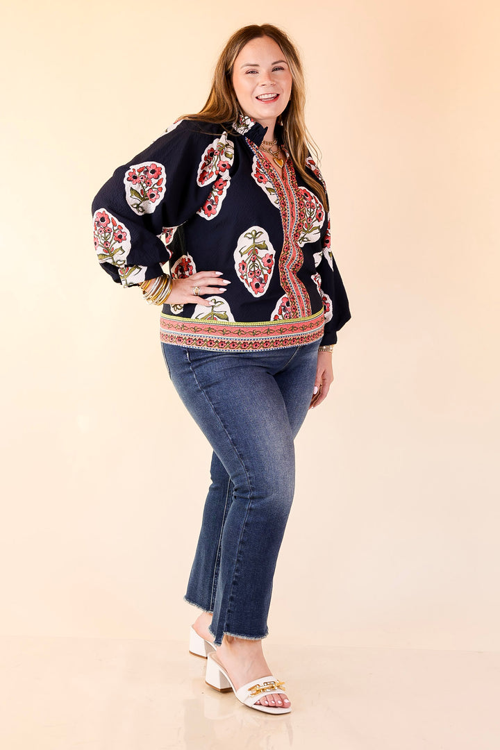 Farmer's Market Flair Floral Print V Neck Blouse with Long Balloon Sleeves in Navy
