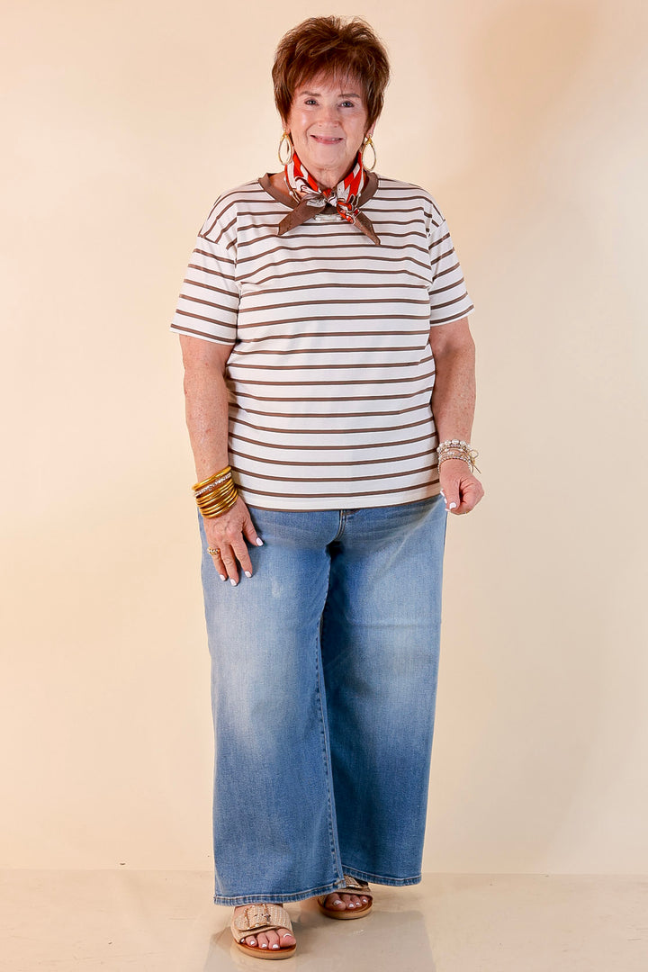 The Daily Stripe Scoop Neck Short Sleeve Striped Tee Top in Mocha Brown