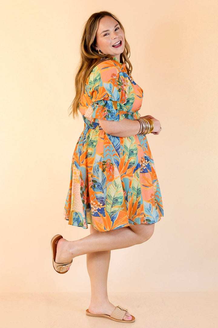 Sweet as Sundown Floral Print Dress With Smocked Waist in Orange Mix