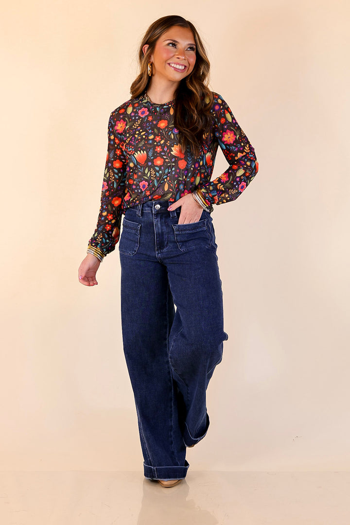 The Perfect Layer Colorful Floral Fiesta Print Mesh Long Sleeve Top in Black