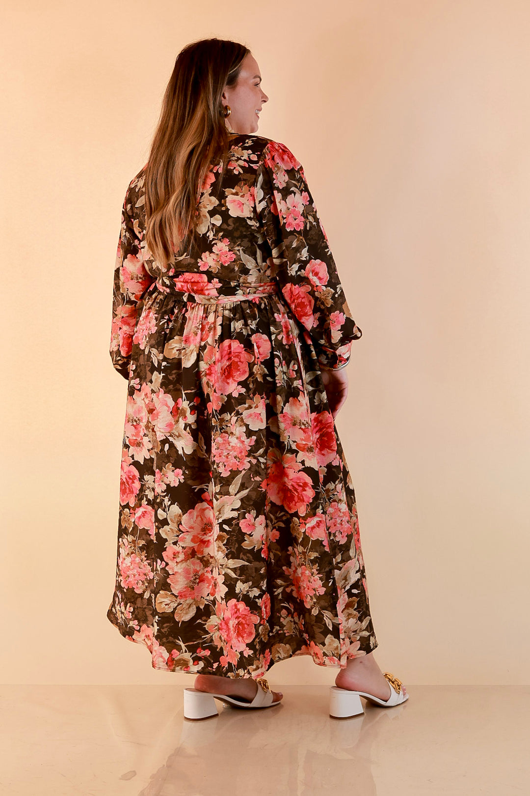 Written in the Roses Long Sleeve Floral Button Front Belted Midi Dress in Olive Green Multi