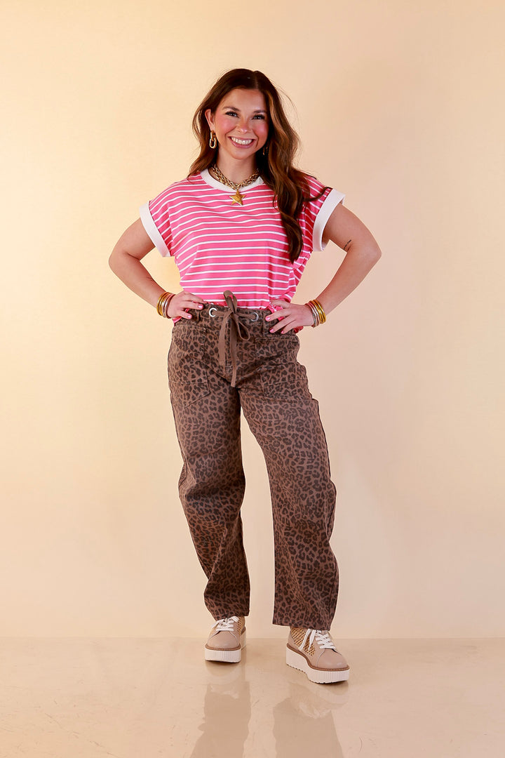 Right on Repeat Scoop Neck Cap Sleeve with Contrast Trim Striped Tee Top in Fuchsia Pink