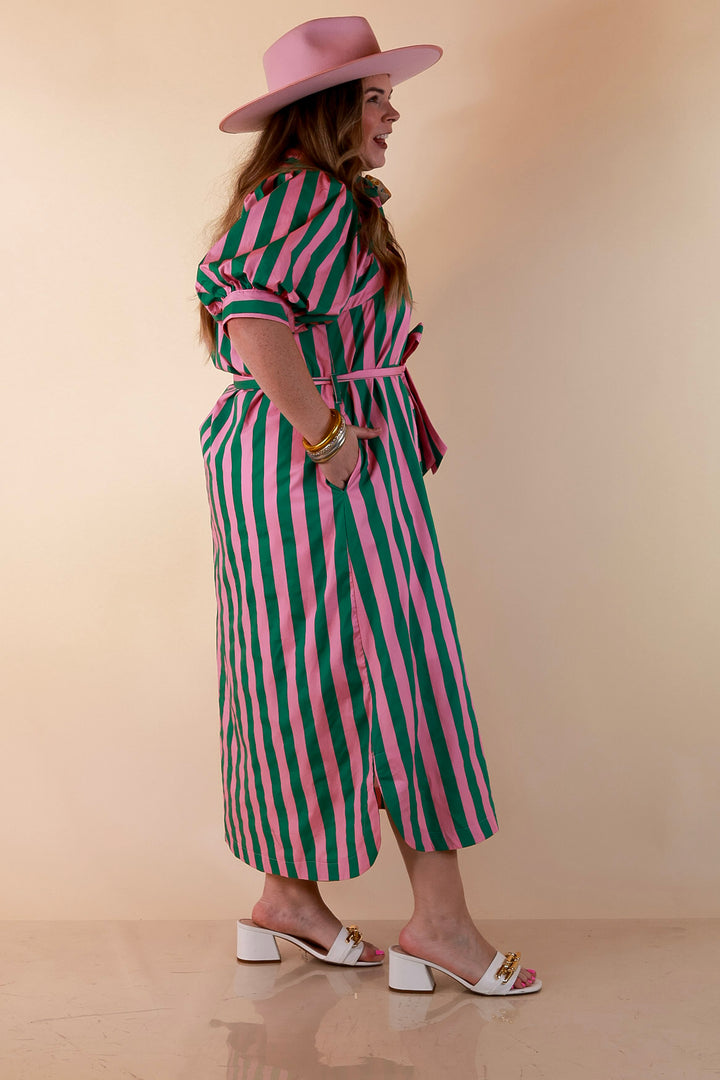 Palm Springs Pretty Puff Sleeve Button Front Belted Midi Dress with Stripe Print in Pink and Kelly Green
