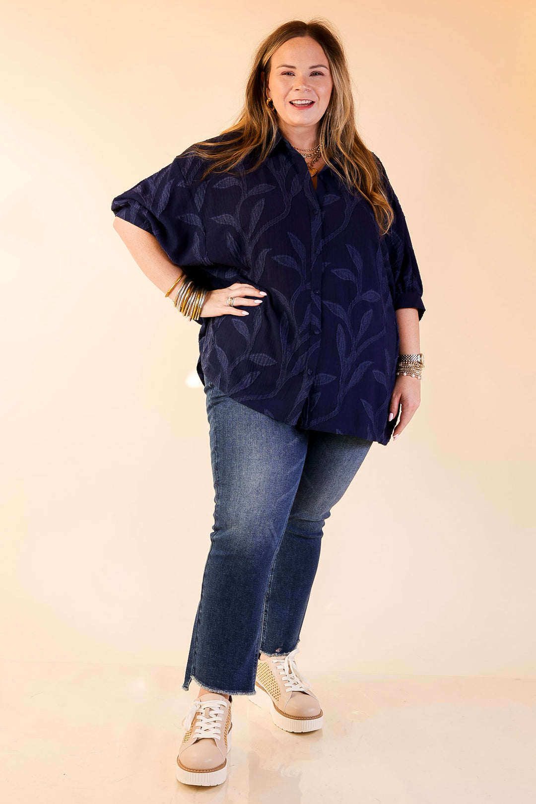 Flirty in Floral Textured Floral Print Button Up Collared Blouse in Navy Blue