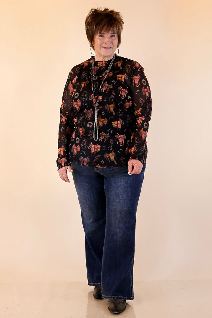 Sheer Confidence Western Saddle and Bits Icons Mesh Long Sleeve Top in Black