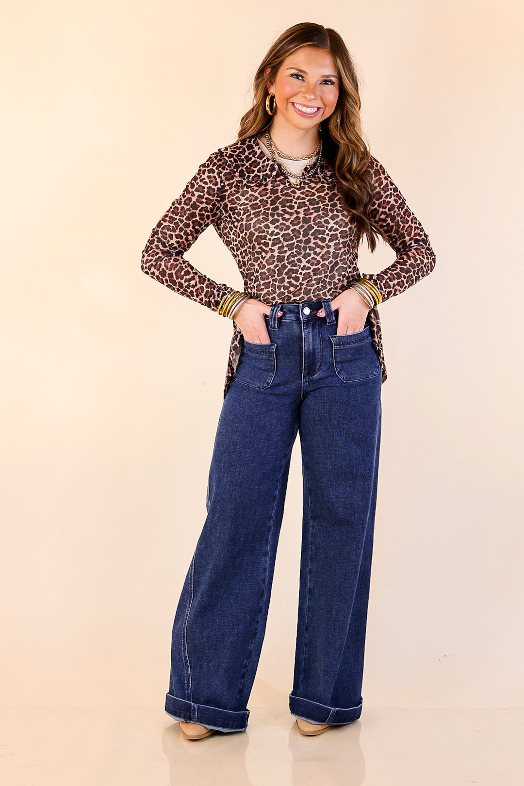 Pretty and Poised Mesh Top with Ruffle Peter Pan Collar in Leopard Print