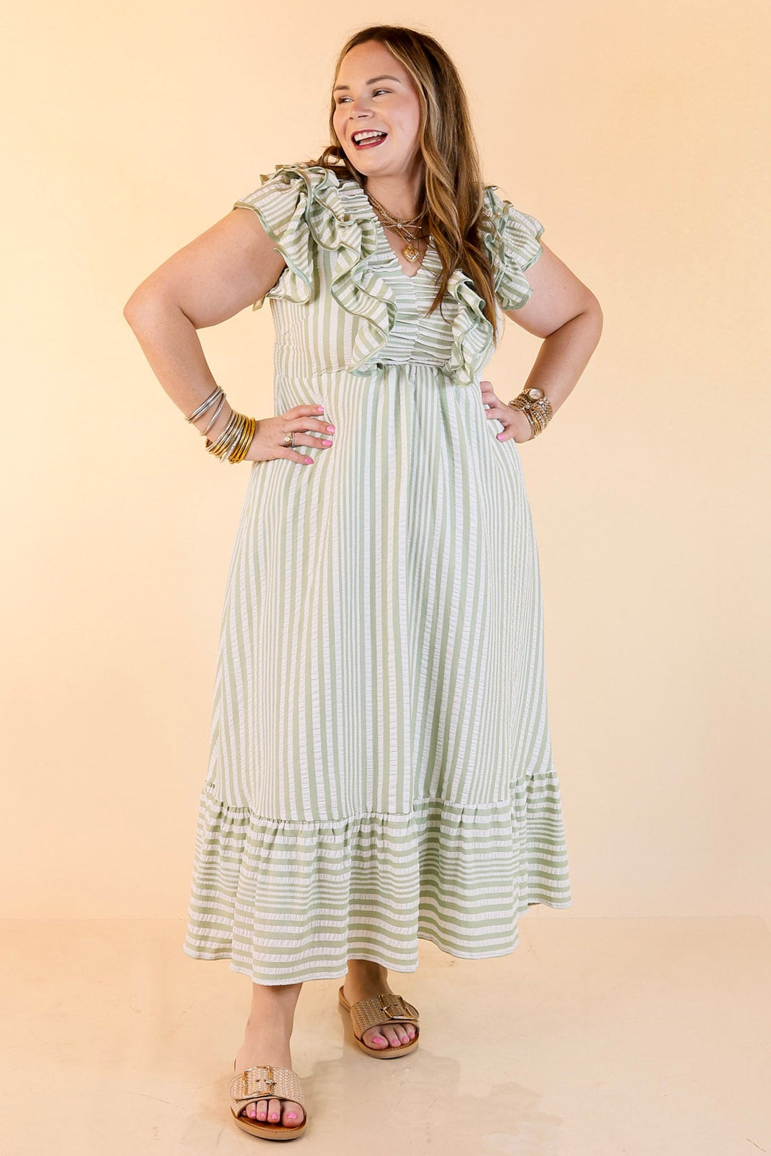 Oh So Sweet V-Neck Striped Maxi Dress in Sage Green