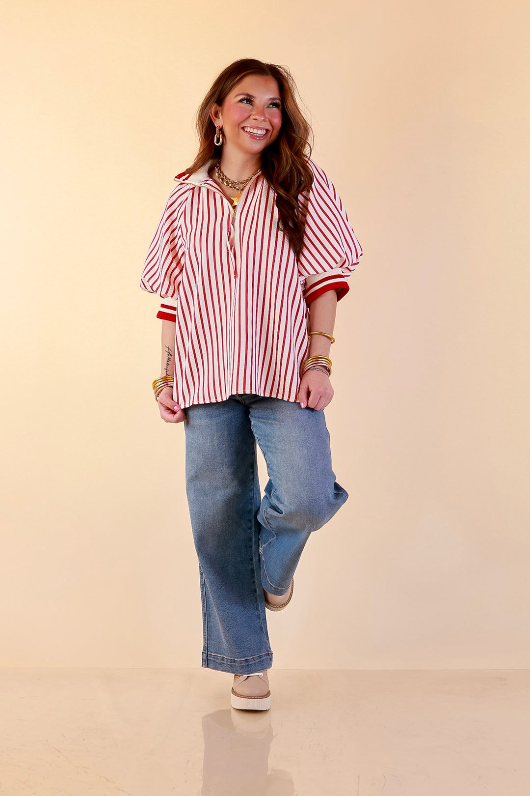 Bold Instincts Striped Print Half Zip Top with Puff Sleeves in Red and Ivory