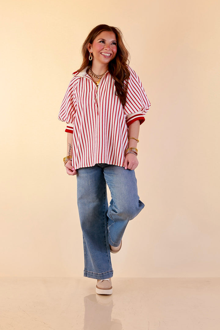 Bold Instincts Striped Print Half Zip Top with Puff Sleeves in Red and Ivory