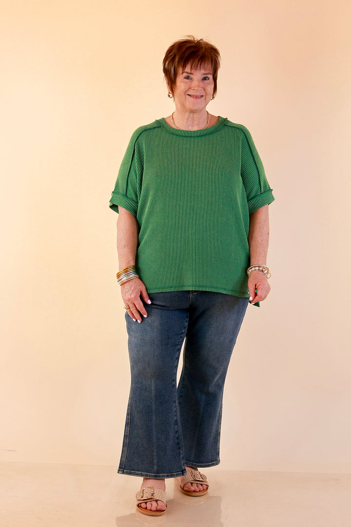 Daily Perfection Scoop Neck Short Sleeve Ribbed Top in Green