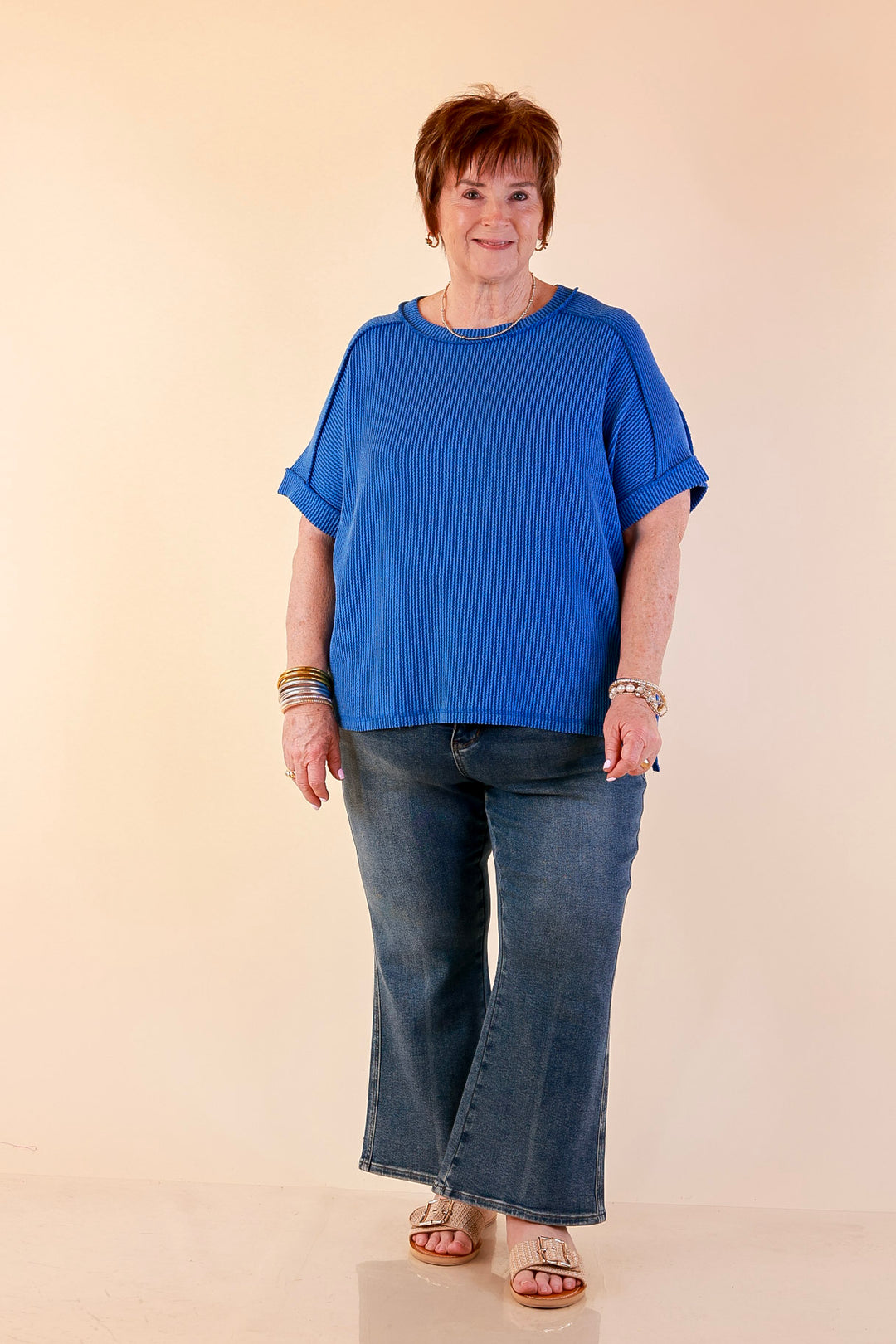 Daily Perfection Scoop Neck Short Sleeve Ribbed Top in Ocean Blue