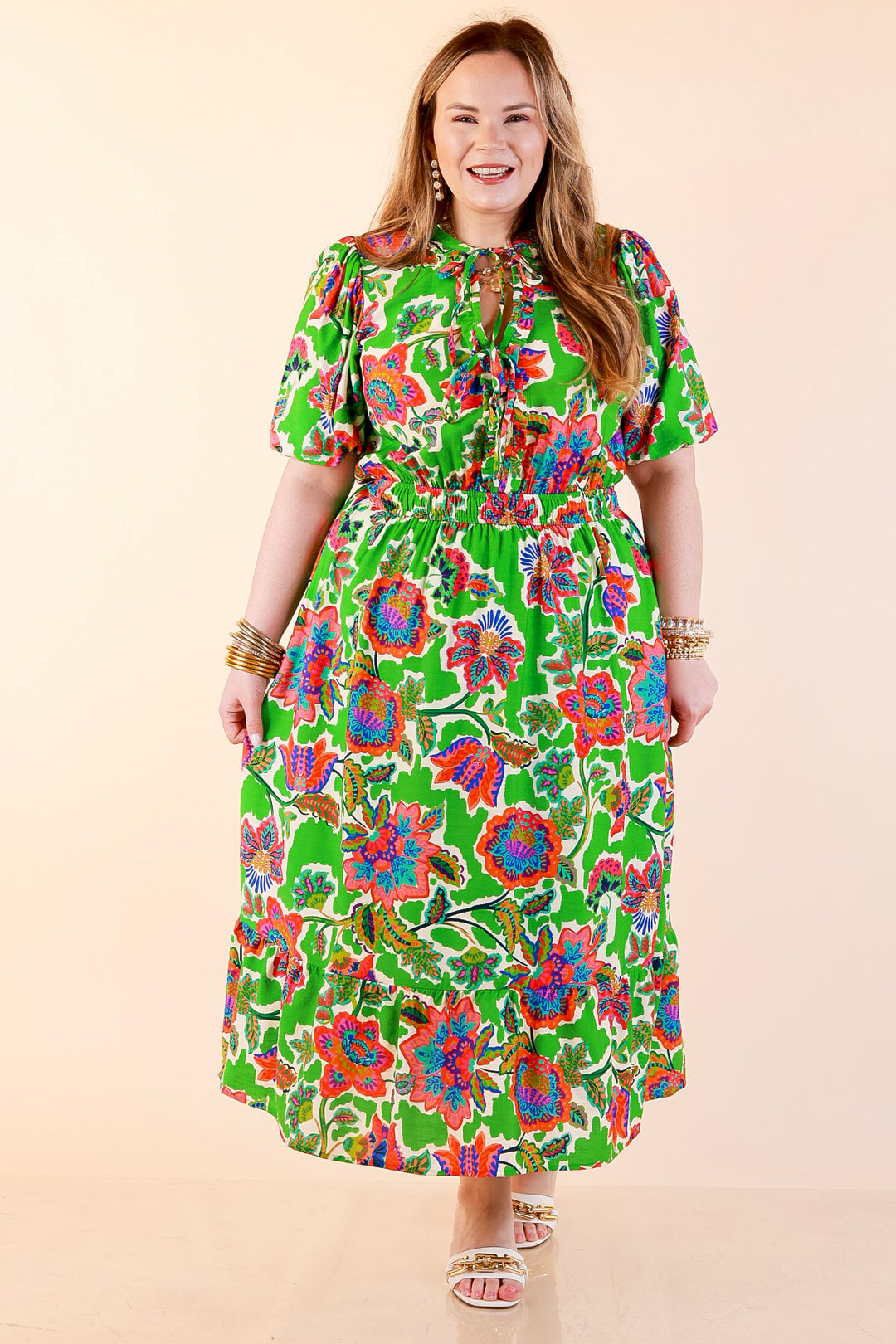Color Me Happy Floral Print Midi Dress with Tie Neckline and Puff Sleeves in Green