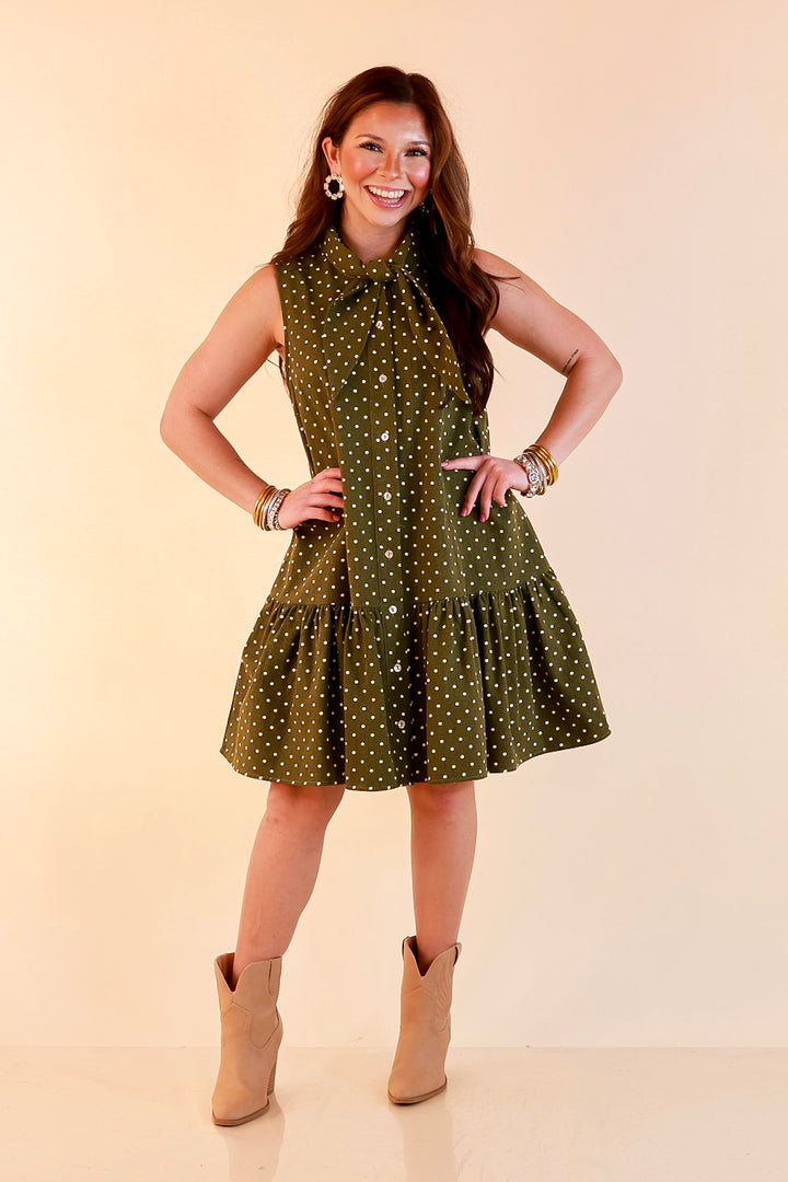 Sweet Spot Denim Polka Dot Bow Neck Tie Button Front Drop Waist Dress in Olive Green