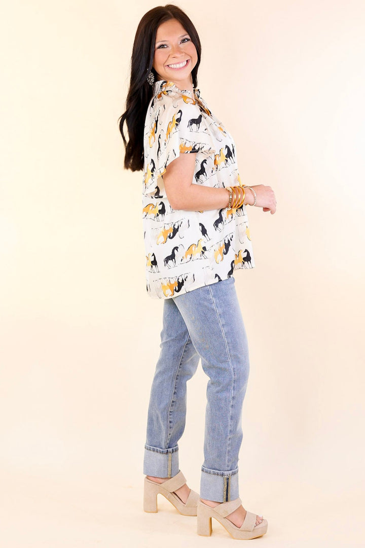 Away We Go Button Up Horse Print Shirt in Ivory