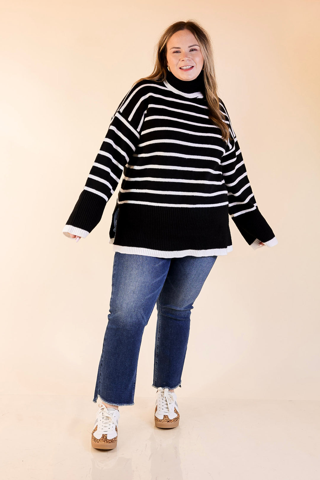 Mud Pie | Dunn Turtleneck Sweater with White Stripes in Black
