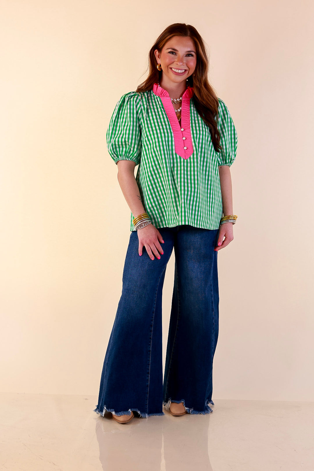 Polished &amp; Playful Short Puff Sleeve Gingham Top with Contrast Hot Pink Trim in Green and White