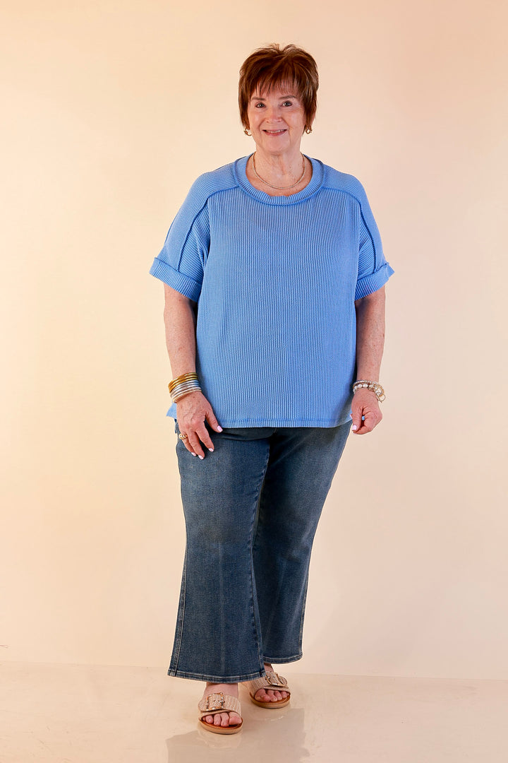 Daily Perfection Scoop Neck Short Sleeve Ribbed Top in Sky Blue