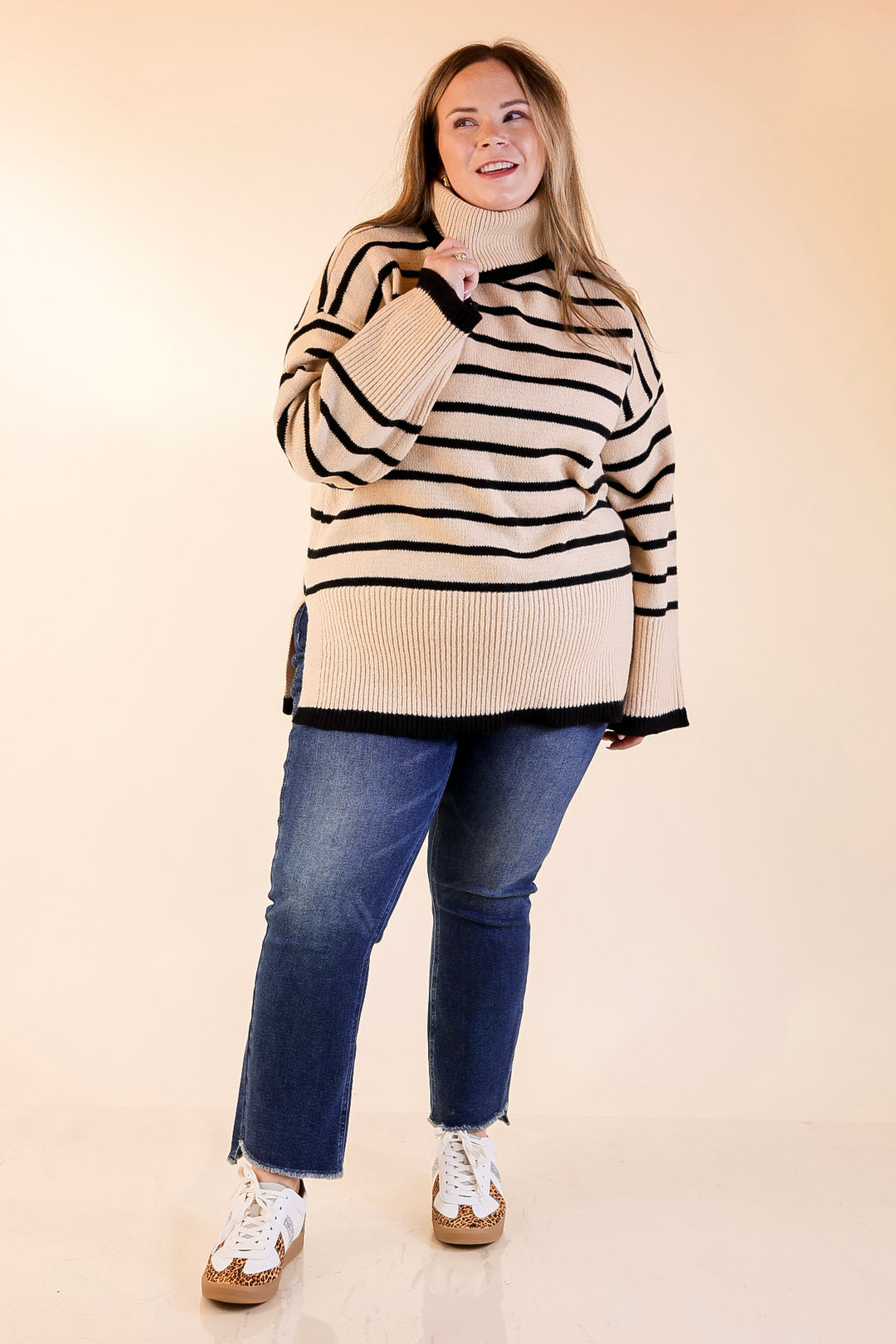 Mud Pie | Dunn Turtleneck Sweater with Black Stripes in Tan