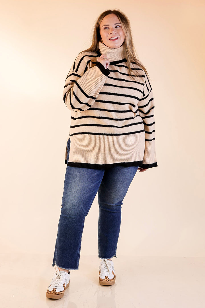 Mud Pie | Dunn Turtleneck Sweater with Black Stripes in Tan