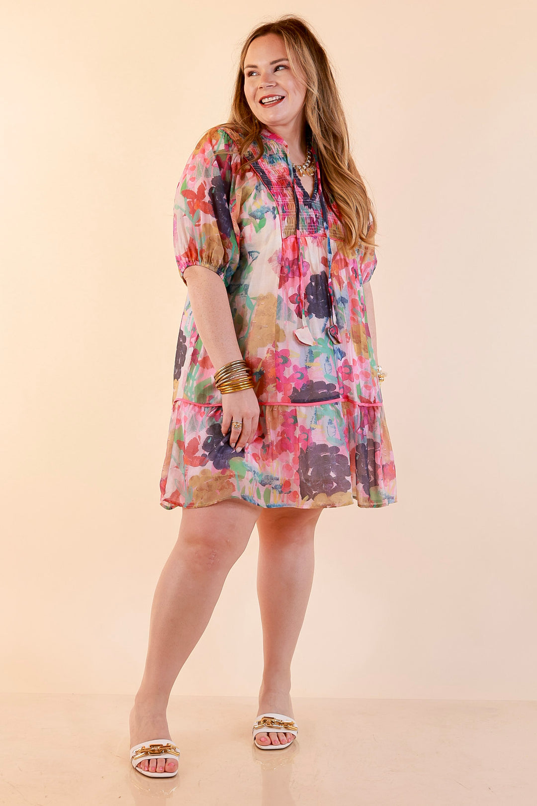 Painted Pretty Floral Print Smocked Yoke Dress with Tie Neckline and Puff Sleeves in Pink Mix