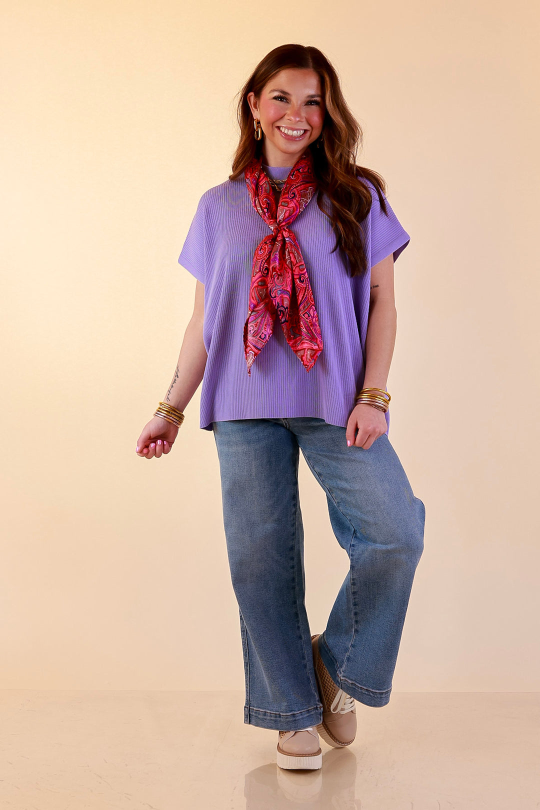 Always in Style Short Sleeve Mock Neck Top in Lavender Purple