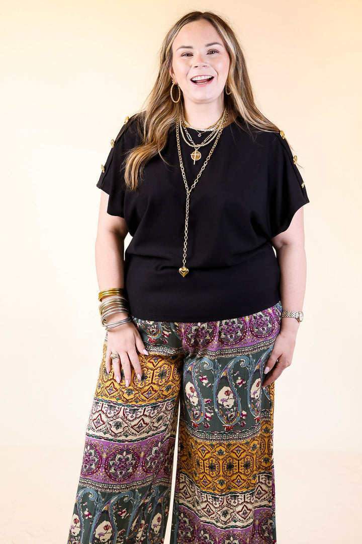 Golden Hour Glow Ribbed Crew Neck Top With Gold Button Detailing in Black